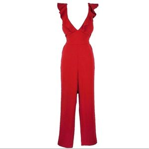 LULU'S Leilani Red Ruffle Trim Plunge Jumpsuit M